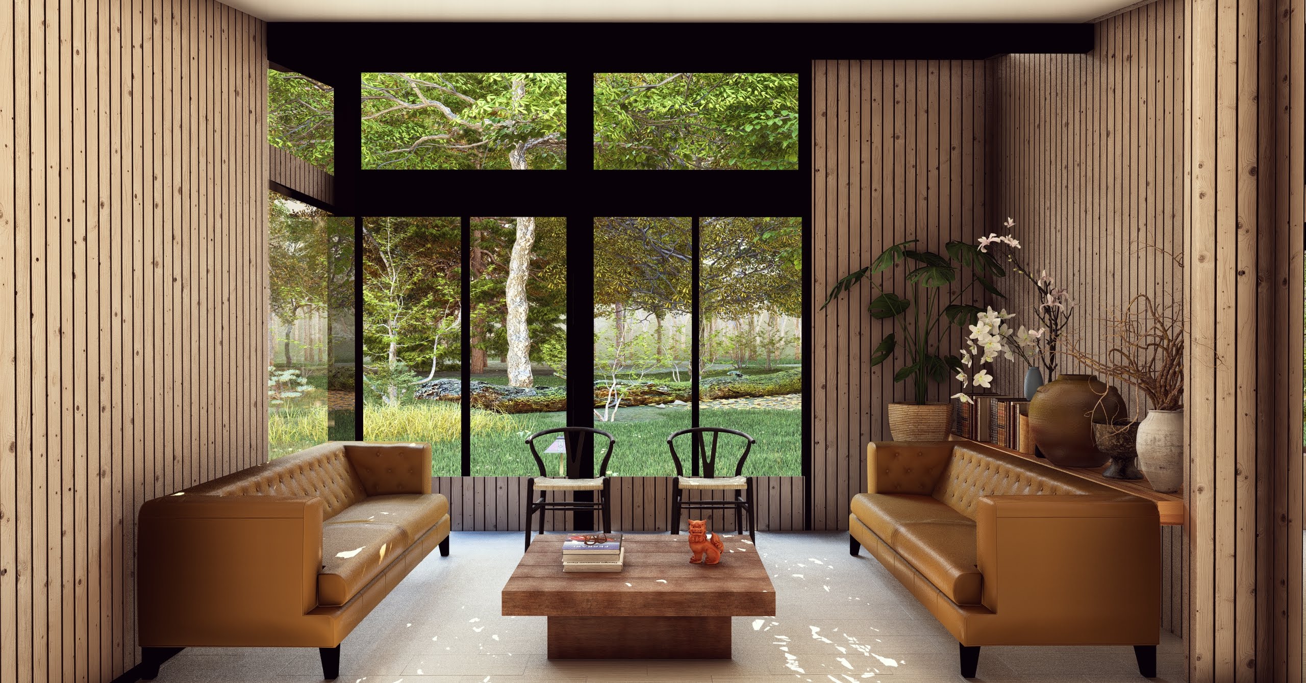Interior moderno con vista al bosque